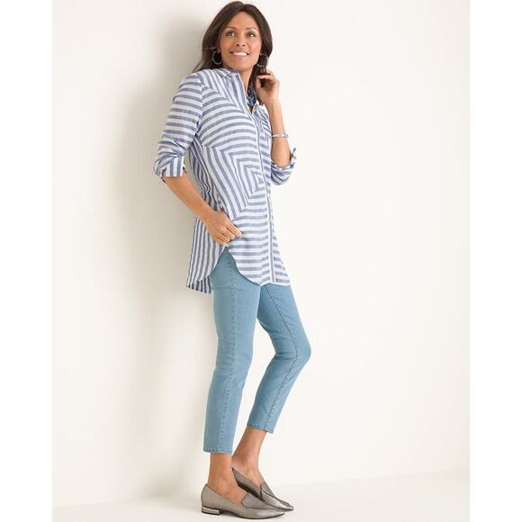 Chico's Splice Striped Tunic Blue Lyocell Tencel Breton Size 3 XL 16-18 - Picture 2 of 7